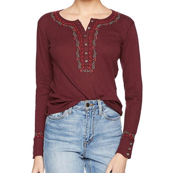 Lucky Brand Tops - Lucky Brand Cotton Embroidered Henley Top NWT